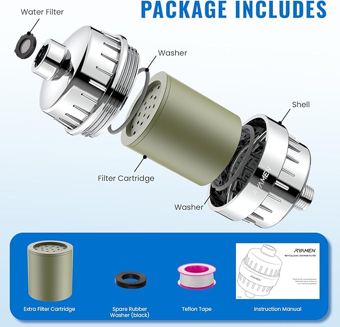 Ryamen Heavy Duty Shower Filter, Shower Water Filter, 99% REMOVAL Shower Head Filter for Hard Water, Heavy Metals, Chlorine, Enhanced Water Filtration for Healthier Skin and Hair (Silver)