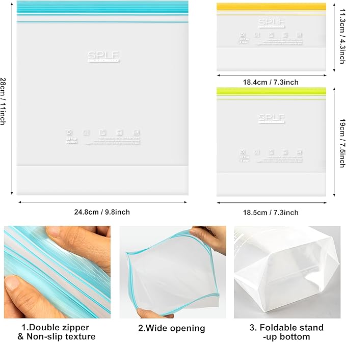 SPLF 24 Pack Reusable Food Storage Bags Dishwasher Microwave Safe, BPA Free Reusable Freezer Bags, Silicone Free Containers for Meal Prep, Fridge Kitchen Organization - 8 Gallon 8 Sandwich 8 Snack
