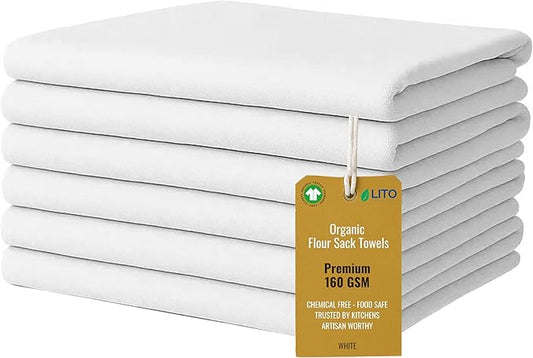 Flour Sack Towels | Tea Towel for Crafts| Kitchen Dish Cotton Blank Towel for Embroidery| Baking Bread Proofing Linen Cover| Thick Absorbent Quick Dry| 6 Pack 18"x 28" White