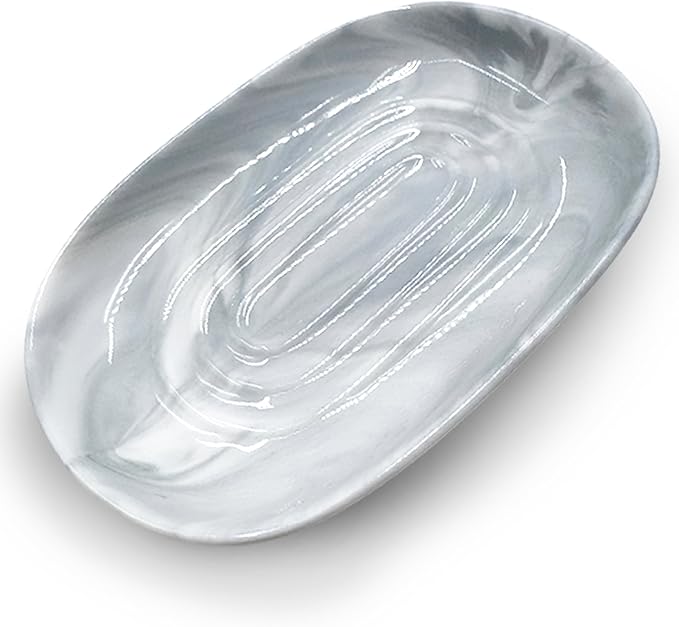 Soap Dish, Ceramic Soap Dish with Marble PatternShower, Soap Saver Tray for Bathroom, Kitchen Sink & Vanity, Multi-Use Holder for Jewelry, Rings, Keys (1 Pack, Grey-White)