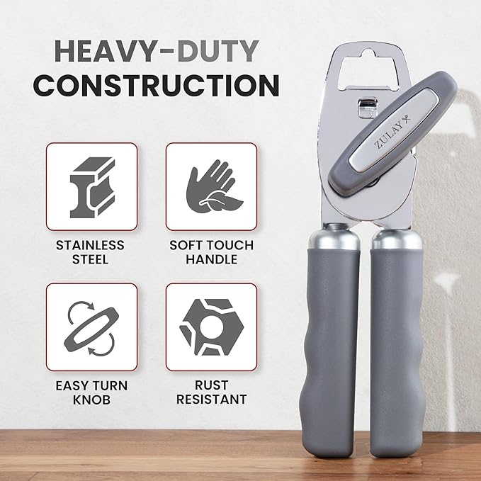 Zulay Kitchen Heavy Duty Stainless Steel Can Opener Manual with Bottle Opener - Rust Proof Manual Can Opener With Turn Knob & Soft Grip Handles