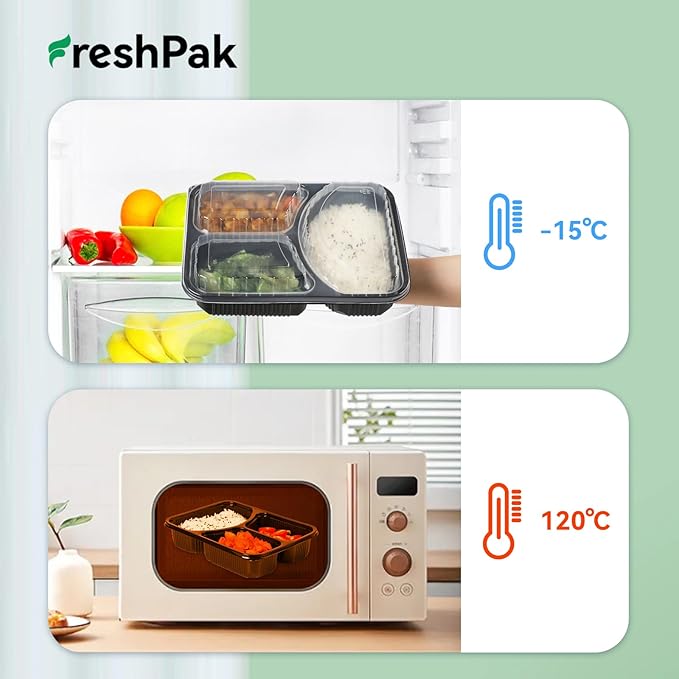 FRESHPAK Food Containers Reusable 40 Pack 38oz - Shrink Wrap Leakproof | Portion Control Leftover Plastic Container with Lid | BPA Free Freezer & Microwave Safe Meal Prep | 3 Compartment Takeout Boxes