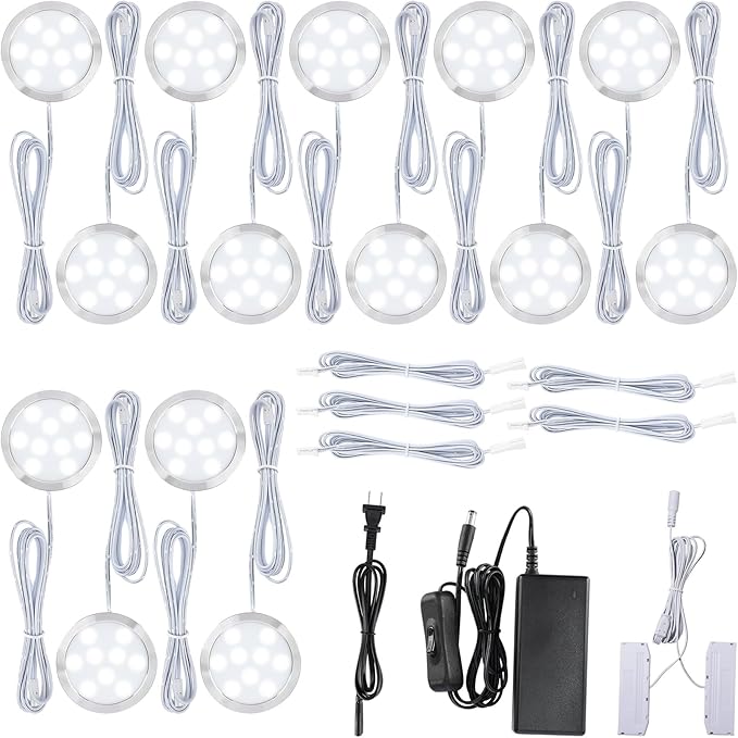 LED Puck Lights Kit for Under Cabinet Lighting, Octopus Connection, On/Off Switch, Plug in & Hardwired, 120V AC Powered to DC12V, White Cords, 14 Lights, Cool White