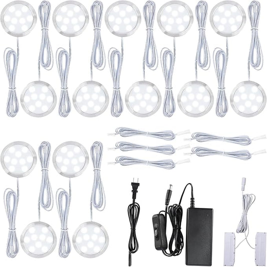 LED Puck Lights Kit for Under Cabinet Lighting, Octopus Connection, On/Off Switch, Plug in & Hardwired, 120V AC Powered to DC12V, White Cords, 14 Lights, Cool White