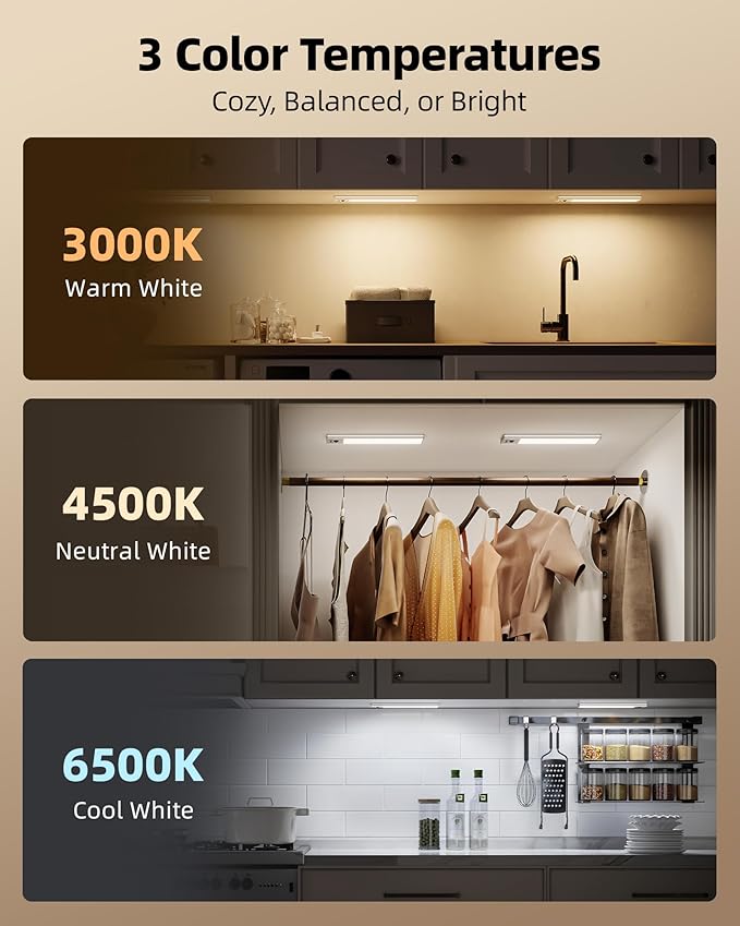 EZVALO 3 Pack Under Cabinet Lighting, 4000mAh Rechargeable Motion Sensor Light, 16inch Magnetic Closet Lights with Dimmable & 3 Color Temps, Wireless Motion Activated Lights with Remote for Kitchen