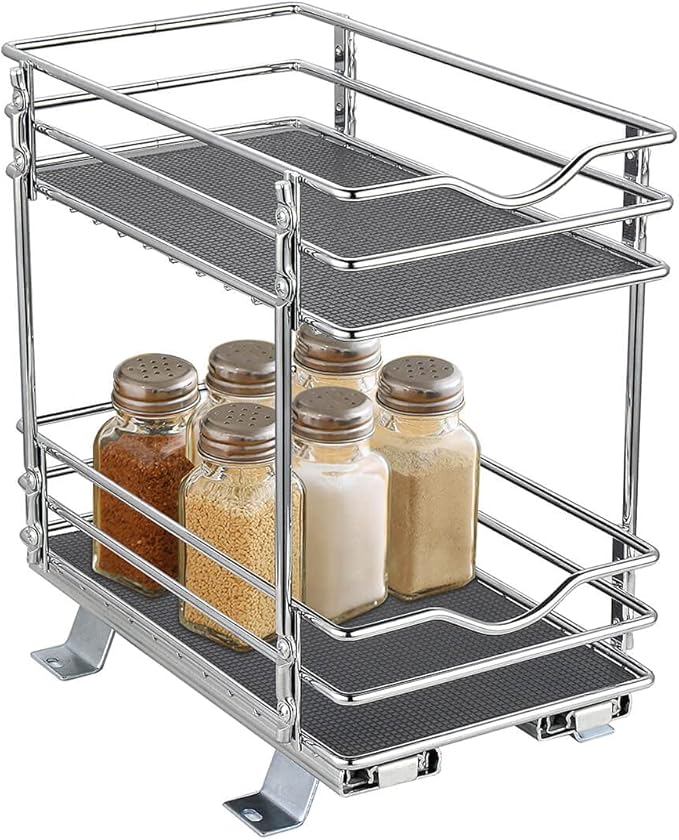 OCG 2 Tier Pull Out Spice Rack Organizer（6.3" W x 10.4" D） for Cabinet, Slide Out Seasoning Organizer Fits Spices, Sauces, Cans etc