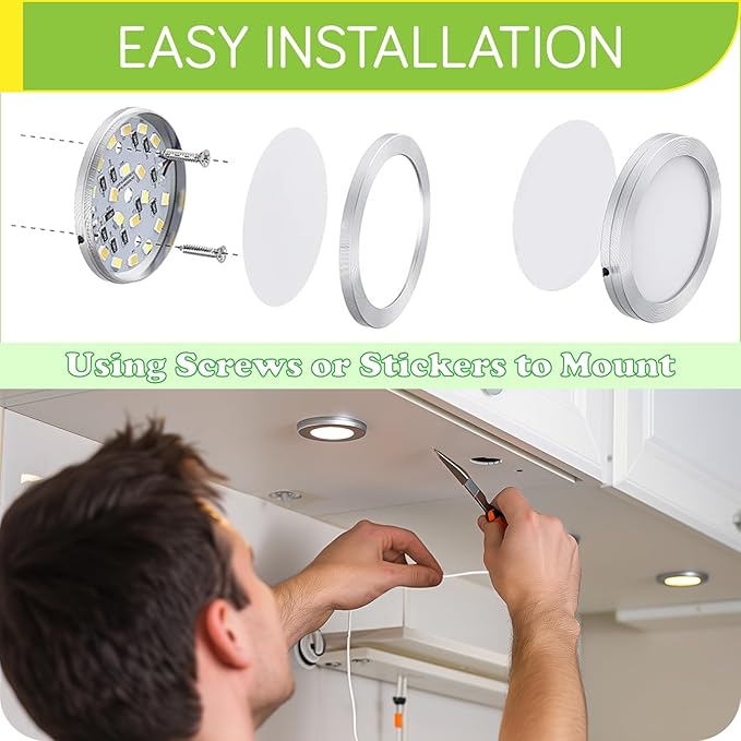 LED Puck Lights Kit for Under Cabinet Lighting, Octopus Connection, On/Off Switch, Plug in & Hardwired, 120V AC Powered to DC12V, White Cords, 16 Lights, Cool White