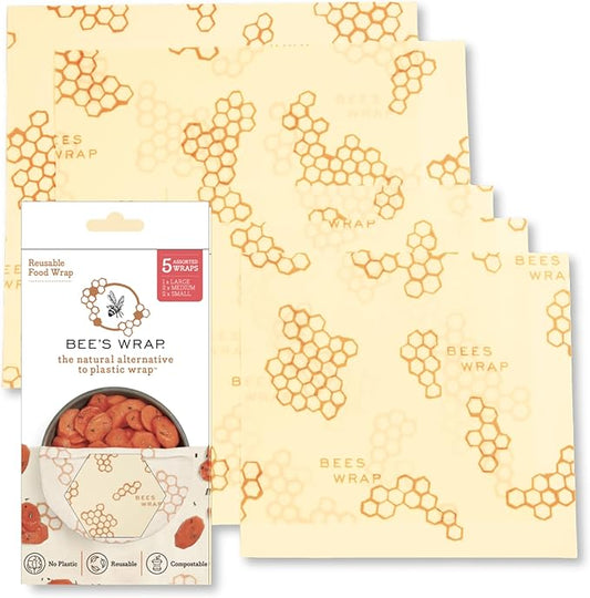 Bee's Wrap Beeswax Wraps for Food - Honeycomb 5 Pack (2L, 3M) Made in USA Reusable & Organic Food Wraps & Bowl Covers - Eco-Friendly Alternative to Aluminum Foil & Plastic Wrap