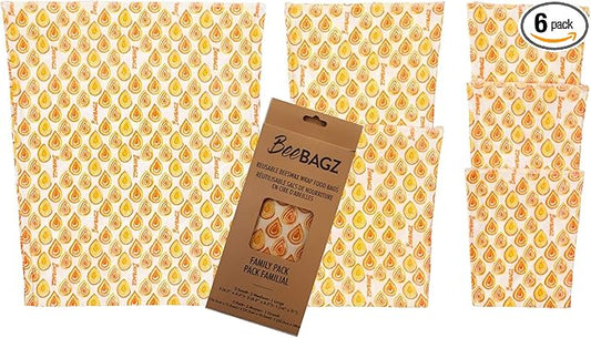 Beeswax Wrap Storage Bag, Reusable Food Storage Bags, Pack of 6, Plastic Free Biodegradable Food Wrap Alternative, Family Pack, 3 Small + 2 Medium + 1 Large, (Orange)