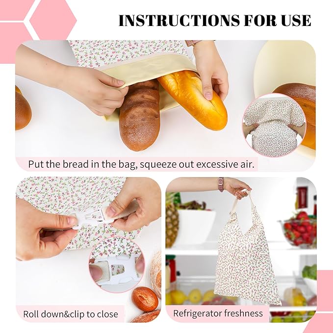 2 Pack Beeswax Bread Bags - 19x13 Inch Reusable Bread Storage Bags,Bees Wax Lined Bread Bags for Home Cooks fresh bread storage Easy Clean (Pink Floral)