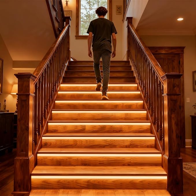 ES32 Motion Sensor Step Lights Indoor 3000K Warm White Linear COB LED Strip for 4ft Cuttable Stairs, 20 Stair Controllable Tread Light Strips (Complete Kit Items) (3000k)