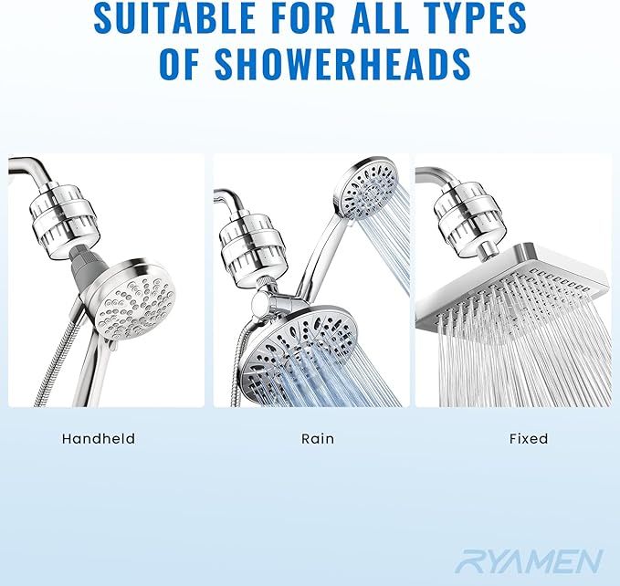 Ryamen Heavy Duty Shower Filter, Shower Water Filter, 99% REMOVAL Shower Head Filter for Hard Water, Heavy Metals, Chlorine, Enhanced Water Filtration for Healthier Skin and Hair (Silver)