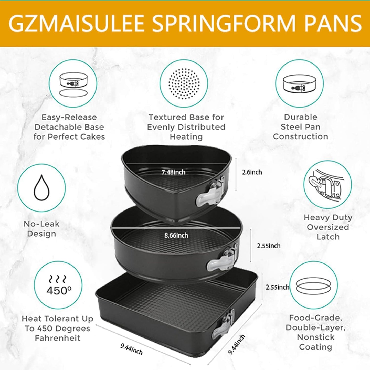 Springform Cake Pan Set of 3 (7, 8, 9 Inch) Heart Round Square Leakproof Nonstick Cheesecake Pans with Removable Bottom Carbon Steel Bakeware