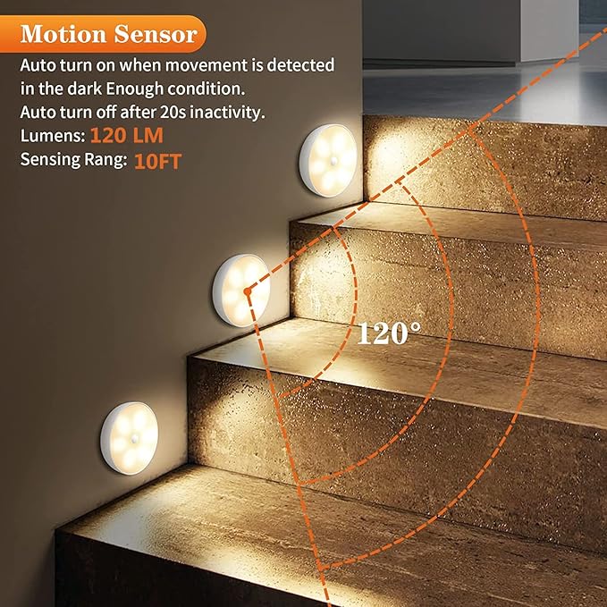 Warm Color LED Closet Lights Wireless Motion Sensor Puck Light, USB Rechargeable Battery Operated Puck Step Lights with Remote, Dimmable Under Cabinet Lighting for Counter Wardrobe Kitchen (6 Pack)