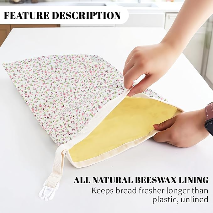 2 Pack Beeswax Bread Bags - 19x13 Inch Reusable Bread Storage Bags,Bees Wax Lined Bread Bags for Home Cooks fresh bread storage Easy Clean (Pink Floral)