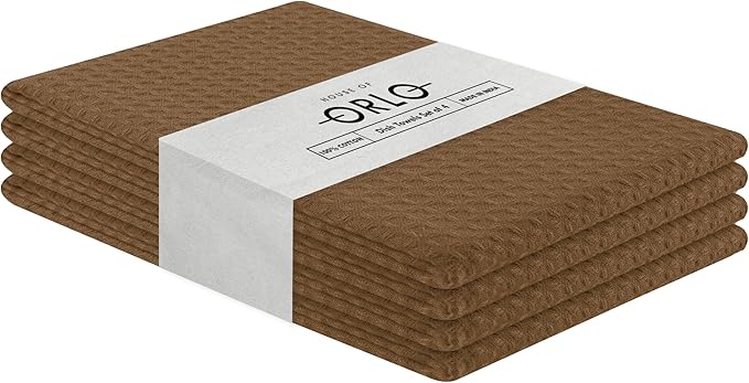 Brown Waffle Kitchen Towels, 16x26 Inch, Durable, Soft, Absorbent, Quick Drying, 100% Cotton, Reusable, Machine Washable, Ideal for Cleaning, Multipurpose Towels, Set of 4