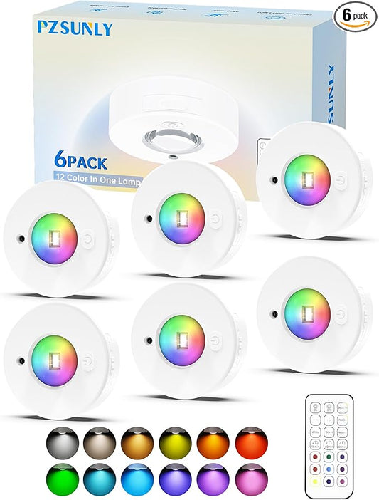 Under Cabinet Lighting Wireless,Puck Lights with Remote,LED 1200mAh Rechargeable,12 Colors RGB Indoor Cloest Light,Magnetic Night Lights,for Bedroom Kitchen Shelf Hallway Stairs 6 Pack