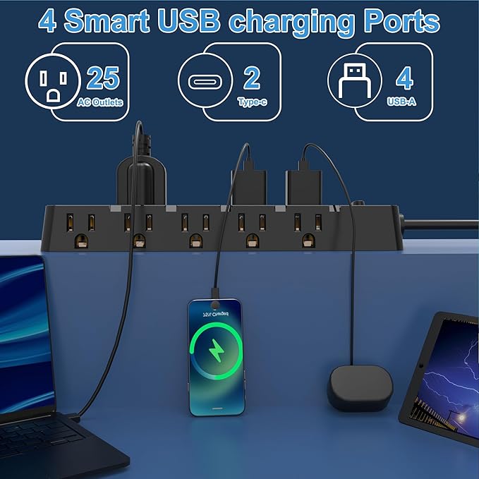 20 Amp Power Strip Surge Protector,Heavy Duty 12 Gauge 6.5 ft Extension Cord,25 AC Outlets,6 Fast USB Ports,4000 Joules,2500W/125V,Office Workshop Household Garage Black,Insurance Coverage.