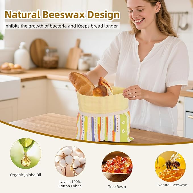 XL Beeswax Bread Bag 2-Pack for Sourdough & Homemade Bread | Reusable Cotton Linen Food Storage with Natural Beeswax Lining | Keeps Fresh, Easy to Clean (17x13 Inches)