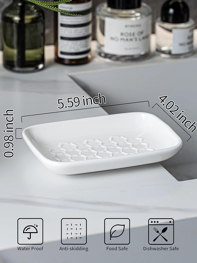 Gomakren Soap Dish for Shower, Bar Soap Holder, Ceramic Soap Dishes for Bar Soap, Sponge Holder Soap Saver Soap Tray for Bathroom Kitchen Sink, 5.5 Inch, White