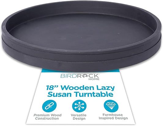 BIRDROCK HOME Wooden Lazy Susan Turntable - Spice Rack Organizer for Kitchen Table, Dining, Pantry and Countertop - Rotating Tray for Condiments - with Burnished Iron Accents - 18" Large, Matte Black