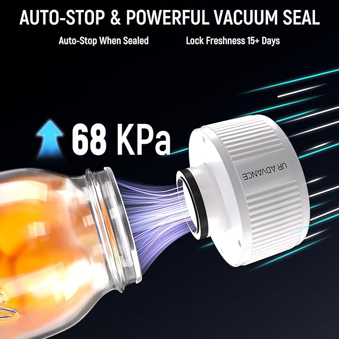 Mason Jar Vacuum Sealer Kit, 3-in-1 Auto-Stop Jar Sealer for Mason Jars, Bags & Food Containers, 1H Fast Charge, 4H Battery Life, Up to 250 Seals, Mason Jar Sealer in 7s, Easy One-Handed Operation