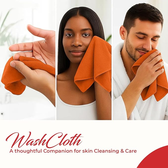 RIVERSIDE 24 Pack Washcloths Set - 100% Cotton [12x12 Inches] - Soft, Quick-Dry & Highly Absorbent Face Towels - Perfect for Bathroom, Gym, Hotel, Spa & Travel - Orange