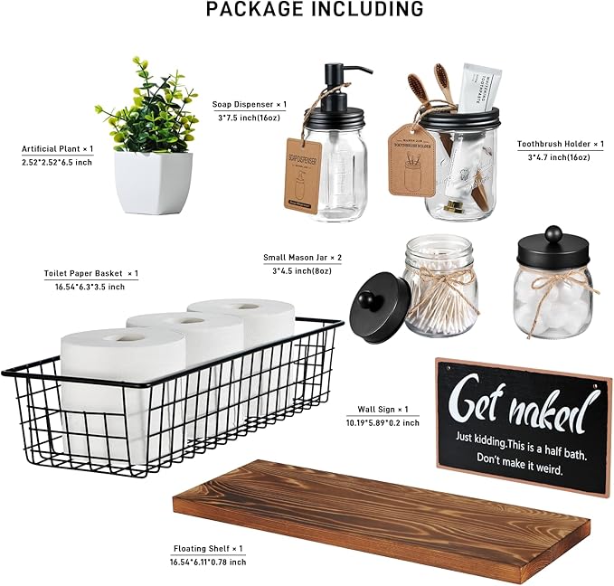 SheeChung Mason Jars Floating Shelves Set for Bathroom - 16oz Soap Dispenser, Toothbrush Holder, 2Pcs Qtip Holders, Paper Storage, Wall Mounted Farmhouse Decor, Artificial Plant, Decor Sign-Brown