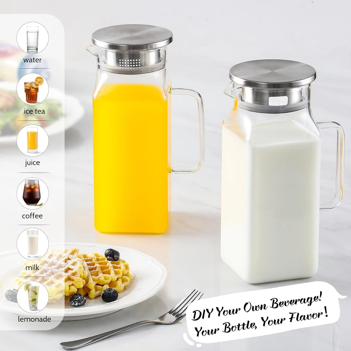 Netany 2 Pack 1.2 Liters/40 oz Small Square Glass Pitcher with Lid and Handle for Fridge, Iced Tea and Coffee Carafe Storage Container, Resistant to Hot and Cold Borosilicate Jug