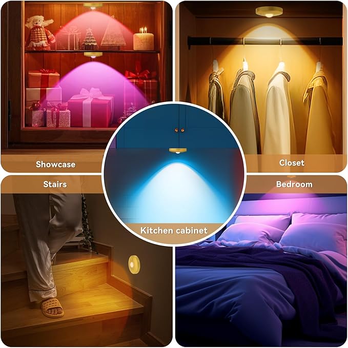 Rechargeable Puck Lights with Remote, 12 Pack Magnetic Under Cabinet Lighting, 1500mAh Battery Operated LED Tap Lights with Dimmer & Timmer for Kitchen, Closet, Shelf - 3 Color Temps & 12 RGB, Gold