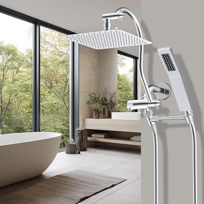 Hibbent All Metal Shower Head, 10'' High Pressure Rainfall Shower Head, Showerhead Combo, Handheld Shower Wand, 12'' Adjustable Curved Shower Extension Arm, 71'' Hose, Shower Head Holder, Chrome