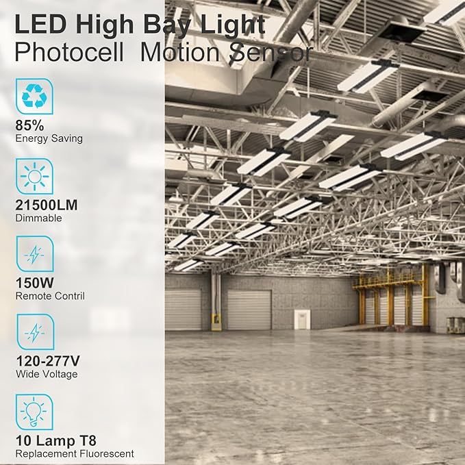Lightdot 2FT LED High Bay Shop Lights, Dimmable 100-277V 【Driver Equipped】 150W 21500LM [Eqv.800W MH] 5000K Large Coverage Linear 2x2 High Bay LED Fixtures for Warehouse Garage -ETL Remote, 4P Black