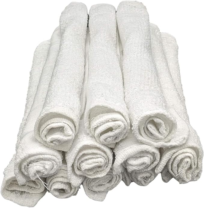 12 Inch x 12 Inch White Cotton Value Washcloths - Reusable Lt Weight Thin Cloth Rags - Bath/Exfoliating/Kitchen/Garage - 3/4 Lb per Dozen - Set of 48