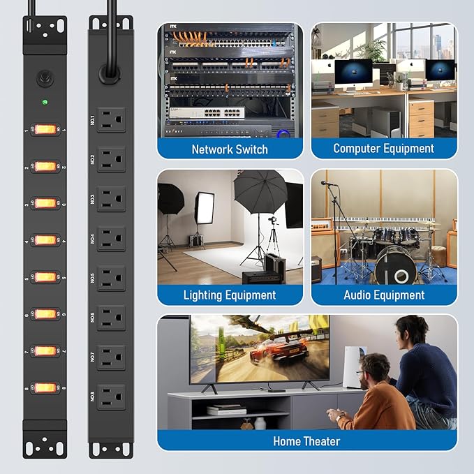 HHSOET 1U Rack Mount Surge Protection, 8 Outlet PDU Power Strip, Metal Mountable Outlet Strip with Switch, 10ft Power Cord.