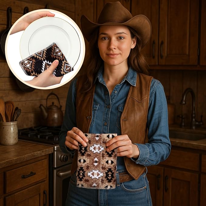 36 Count Reusable Cleaning Cloths Washable Cotton Kitchen Towels (Western Aztec,Brown)