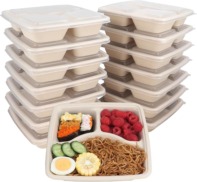 40 oz 3 compartments Square Disposable bowls with lids,Sugarcane Fibers Bowls take away food containers Plant Fibers Freezer Safe 25 Pack