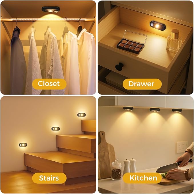 LED Motion Sensor Puck Lights, Small Rechargeable Under Cabinet Light, Dimmable Warm White Closet Lights, Wireless Under Cabinet Lighting for Drawer, Kitchen (4 Pack)