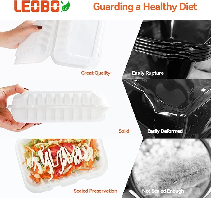 Plastic Containers Mineral Filled PP 9x6 - Shrink Wrap 50 Pack 27oz BPA Free Takeout Box | Freezer Microwave & Dishwasher Safe | Reusable & Disposable Container for To Go Bulk Catering | White