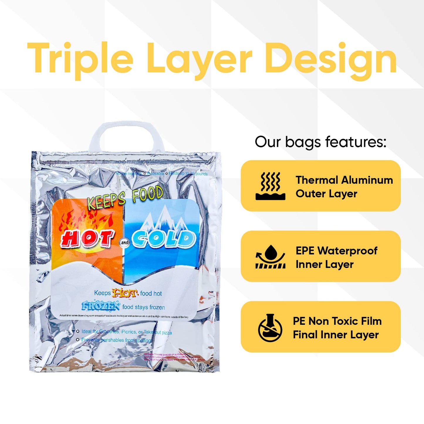 Superio Hot and Cold Insulated Bags for Food Delivery, Grocery Shopping Bags, Food Storage for Hot and Frozen Food for Travel, Disposable Cooler Bag, Reinforced Thermal Lunch Bag (1, 12"x13.5")