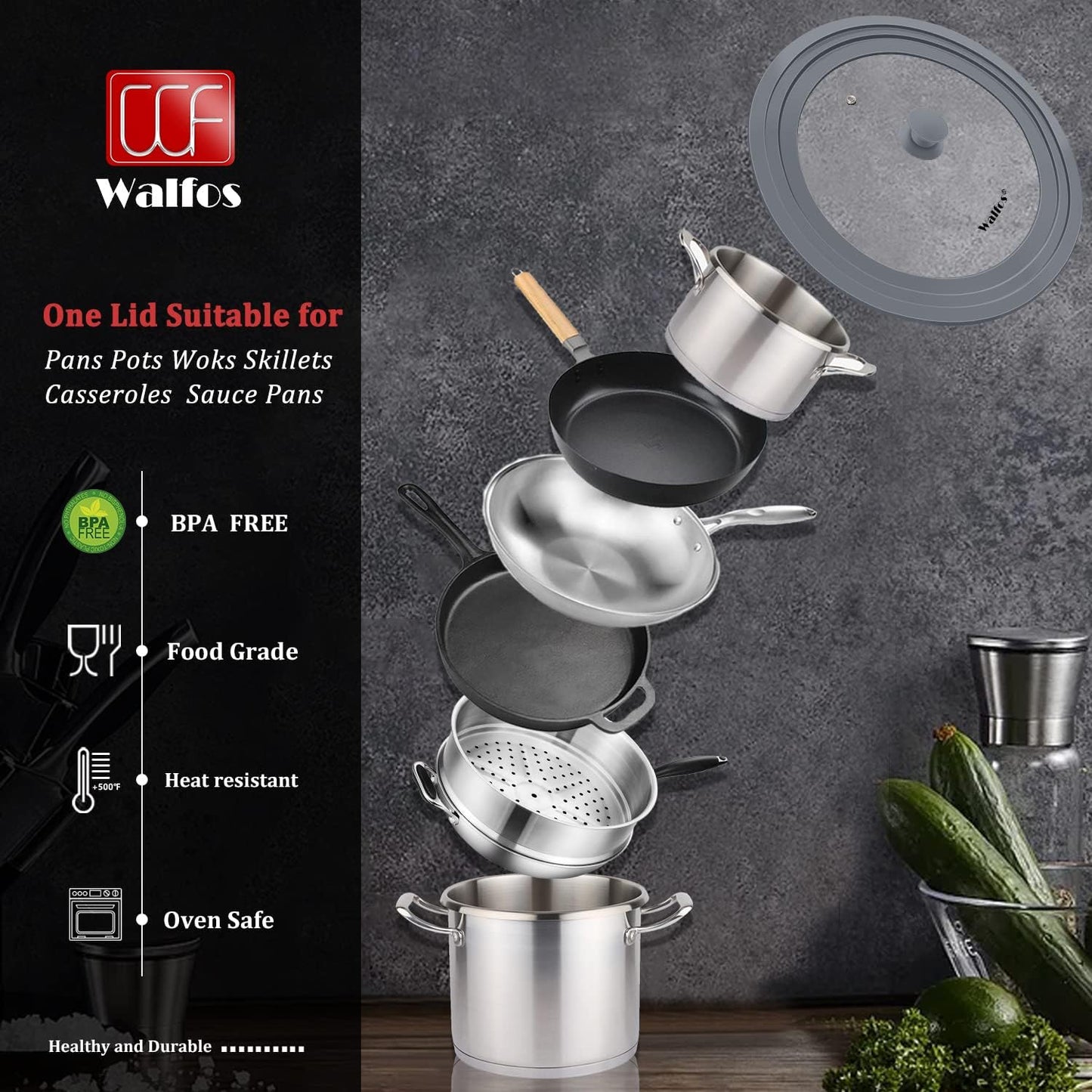 Universal Lid for Pots, Pans and Skillets - Walfos Tempered Glass Pan Lid with Heat Resistant Silicone Rim, BPA Free Large Pot Lids Fits 7" to 12" Diameter Cookware, Dishwasher-Safe, Grey