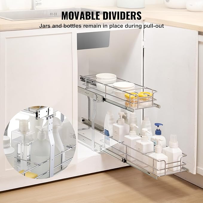 VEVOR Pull Out Cabinet Organizer, 8.5"W x 21"D Heavy Duty Slide Out Pantry Shelves, Chrome-Plated Steel Roll Out Drawers, Sliding Drawer Storage for Home, Inside Kitchen Cabinet, Bathroom, Under Sink