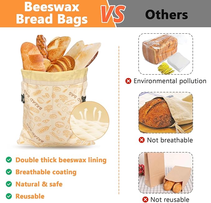 Reusable Pure Beeswax Bread Bags for Sourdough, Organic Cotton Beeswax Dough Bags, 2 Packs Homemade Bread Storage and Bowl Cover