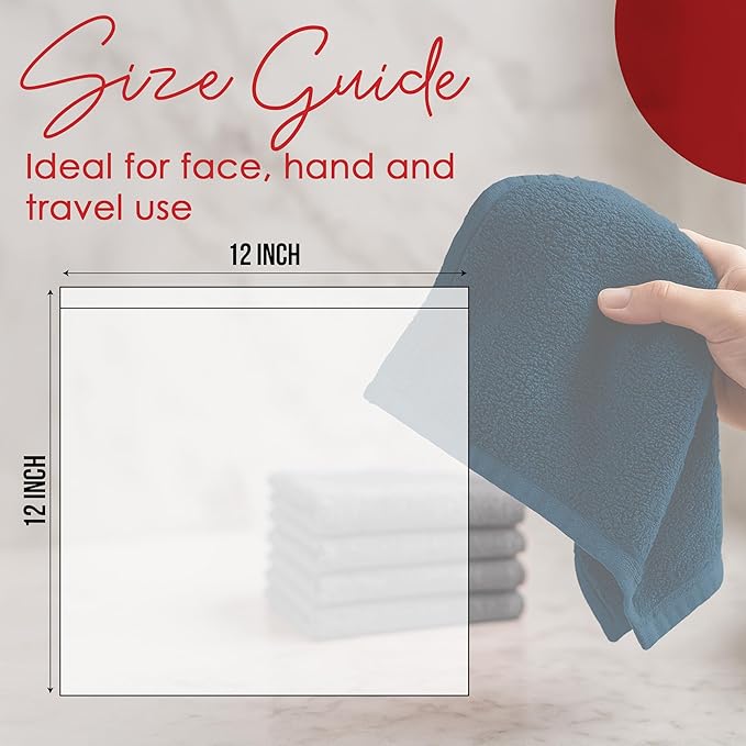 RIVERSIDE 24 Pack Washcloths Set - 100% Cotton [12x12 Inches] - Soft, Quick-Dry & Highly Absorbent Face Towels - Perfect for Bathroom, Gym, Hotel, Spa & Travel - Opal Blue