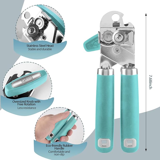 Can Opener Manual, Heavy Duty Handheld Strong Can Opener with Soft Touch Handle, Sharp Blade Smooth Edge, Can Openers with Multifunctional Bottle Opener, Aqua Sky