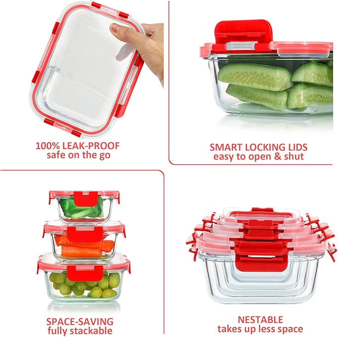 KOMUEE 24 Pieces Glass Food Storage Containers Set,Glass Meal Prep Containers-Stackable Airtight Glass Storage Containers with lids,Freezer, Microwave, Oven Safe,Red