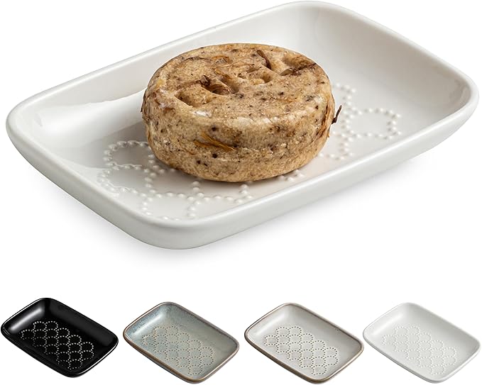 Gomakren Soap Dish for Shower, Ceramic Soap Dishes for Bar Soap Sponge, Shower Soap Holder Saver Tray for Bathroom Kitchen Sink, Easy to Clean, White