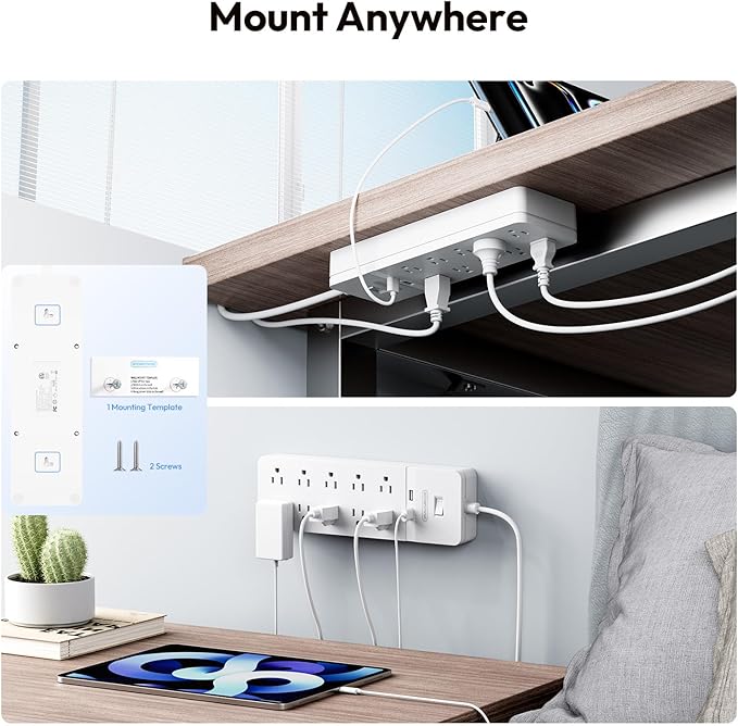 25 Ft Extension Cord ETL, NTONPOWER 2100J Surge Protector Power Strip with 10 AC Spaced Outlets 2 USB Ports, 1875W/15A Overload Protection, Wall Mountable for Indoor, Home, Office or Garage, White