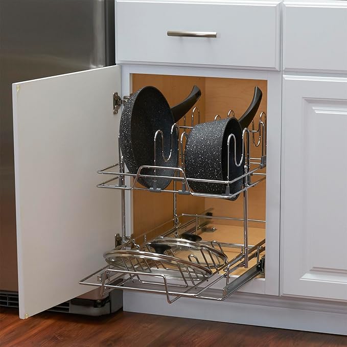 Household Essentials Glidez Multipurpose Chrome-Plated Steel Pull-Out/Slide-Out Basket Storage Organizer for Pots and Lids - 2-Tier Dual-Slide Design - Fits Standard Size Cabinet or Shelf, Chrome