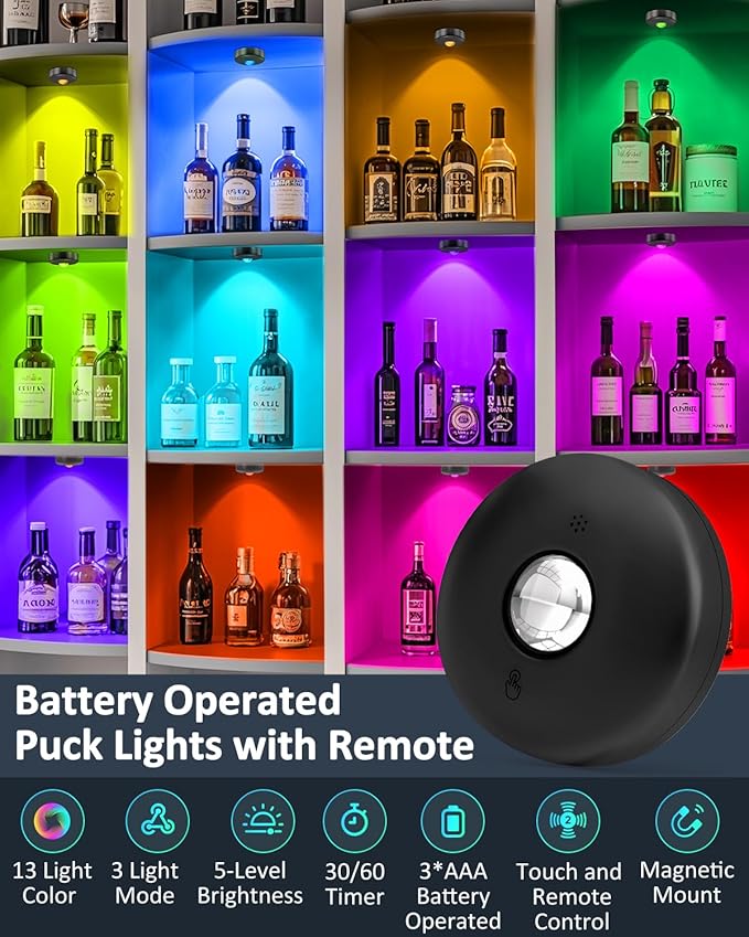 Yiliaw LED Puck Lights with Remote, Magnetic AAA Battery Operated Light, Under Cabinet Lighting, Tap Lights with Dimmer & Timmer for Kitchen, Closet, Shelf - 12 Pack, Black
