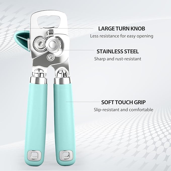 Can Opener Manual, Heavy Duty Stainless Steel Smooth Edge Can Opener With Soft Touch Handle, Oversized Handheld Easy Turn Knob, Multi-Function Bottle Opener, Aqua Sky